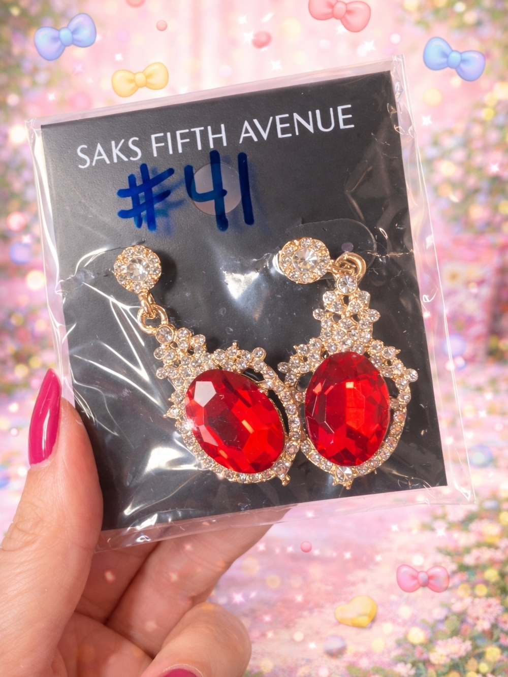Saks Fifth Avenue Gold-Tone Earrings with Red Faceted Stones